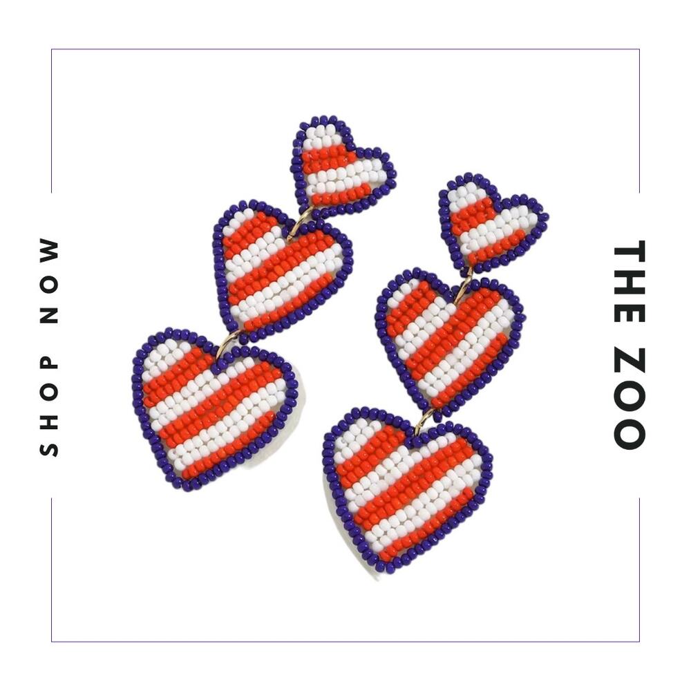 Beaded Earrings Red‎ White Blue Heart